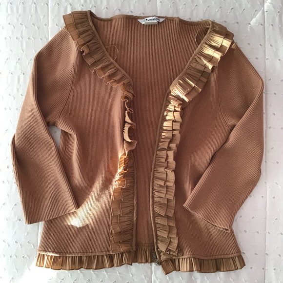 Brown silk ruffle trim double zipper top - Picture 2 of 7